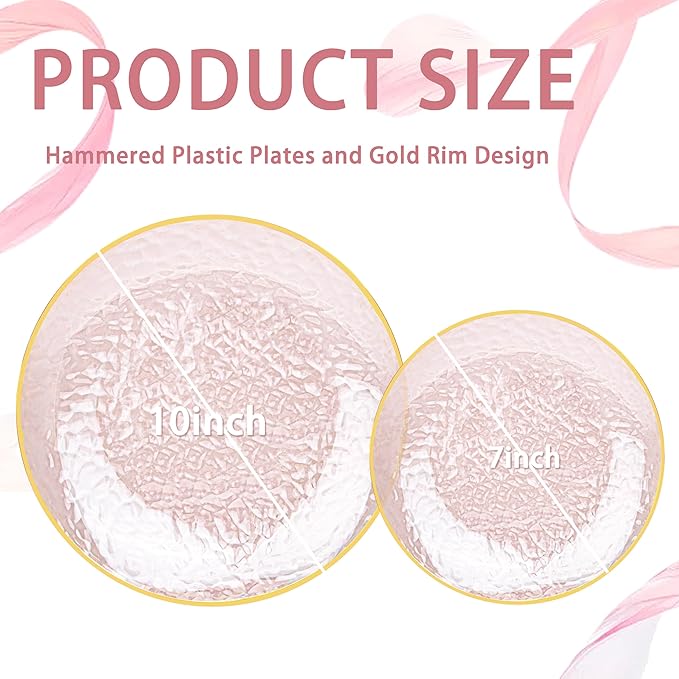 DaYammi 100PCS Pink Gold Plastic Plates - 10 inch Clear Pink Gold Dinner Plates - Hammer Pattern Design - Fancy Disposable Plate - Heavy Duty Party Plate Ideal for Wedding