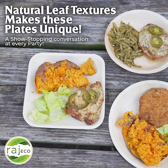 Raj Palm Leaf Plates [200-Pack] Large Square Plates like Bamboo plates Disposable, Strong, Decorative Compostable Tableware for wedding, Lunch, Dinner, Birthday, Camping, Outdoor BBQ, Picnic