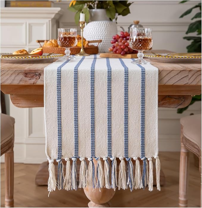 Caflife Boho Table Runner 72 Inchs Long Blue and Beige, Cotton and Linen Woven by Caflife