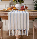 Caflife Boho Table Runner 72 Inchs Long Blue and Beige, Cotton and Linen Woven by Caflife