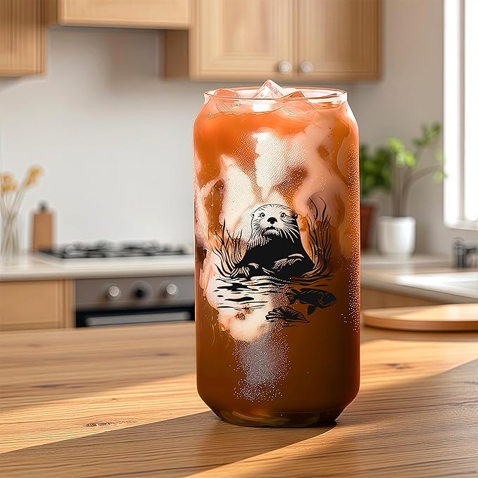 Cute Sea Otter Glass Cup With Lids And Straws, Sea Otter Gift For Women, Iced, Coffee, Smoothie, Cocktail, Beer, Whiskey, Soda, Matcha,16 Oz, Home Office Table Desk Decoration!