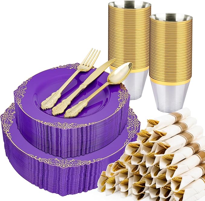 350 PCS Purple and Gold Plastic Plates, Plastic Dinnerware Set for 50 Guests, 100 Disposable Plates, 150 Silverwares, 50 Cups, 50 Napkins for Party, Wedding, Graduation