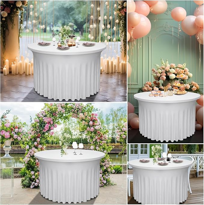 6 Pack 48" Diameter x 30" Height White Table Skirt | Fits 4FT Round Tables |Polyester Spandex Round Table Cloths with Skirt|Stain 、Wrinkle Resistant、 for Wedding,Party,Dining,Banquet