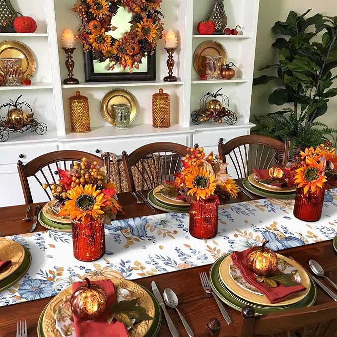 Blue Pumpkin Fall Table Runner 108 Inches Long, Thanksgiving Floral Eucalyptus - Image 6