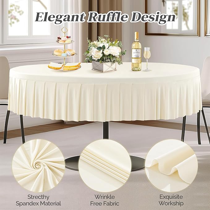 4 Pack Ivory Spandex Round Tablecloths for 72in Table, Stretchy Fitted 6FT Round Table Cloths, Wrinkle Free Table Cover with Skirt for Wedding Birthday Party Bridal Shower Banquet