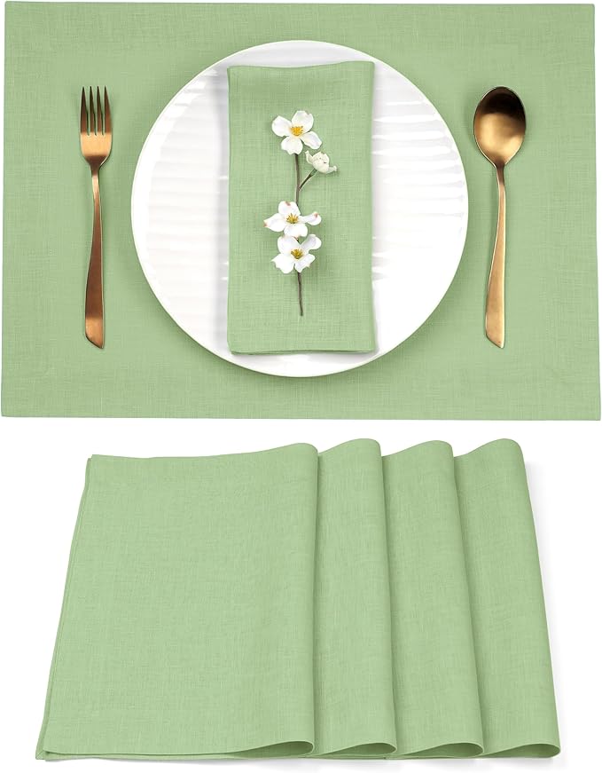 D'Moksha Homes Linen Placemats 14 x 19 Inch - Sage Green Placemats Set of 4-100% Pure Linen Table Place Mats for Spring, St Patricks Day, Easter - Handcrafted and Machine Washable