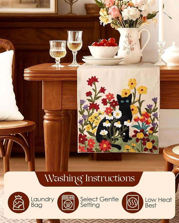 Canvas Embroidered Narrow 13"x 72" Table Runner, Cat in Flower | Exquisite - Image 4