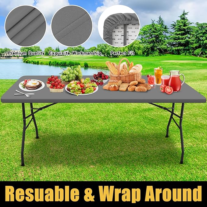 Smiry Rectangle Picnic Table Cloth, Waterproof Elastic Fitted Tablecloths for 8 Foot Tables, Washable Polyester Table Cover for Camping, Indoor and Outdoor (Grey, 30"x96")