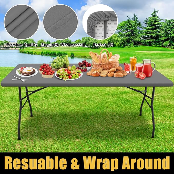 Smiry Rectangle Picnic Table Cloth, Waterproof Elastic Fitted Tablecloths for 5 Foot Tables, Washable Polyester Table Cover for Camping, Indoor and Outdoor (Grey, 36"x60")