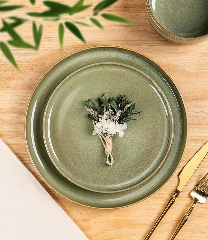 TheTerra Ceramic Dinnerware Sets for 6, 18 Pieces Handmade Reactive Glaze Plates and Bowls Set, Scratch Resistant Dish Set, Oven & Microwave & Dishwasher Safe, Service for 6, Sage Umber