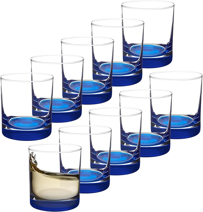 Whiskey Glasses by Libbey 10 oz. Set of 10, Bulk Pack - Heavy Base Old Fashioned Glass, Perfect for Scotch, Bourbon, Whiskey, Cocktail - Blue