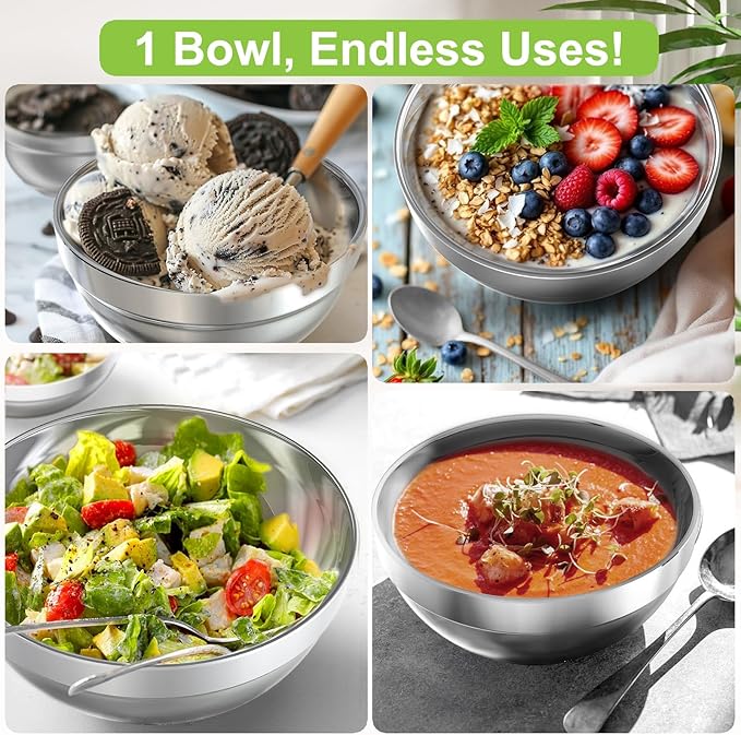 Stainless Steel Bowls, 4 Pack 5.1in 15.9oz 470ml Mini Small SUS304 Double Wall Insulated Stackable Metal Eating Bowl Containers for Serving Snacks Ice Cream Soup Cereal Food Rice Salad