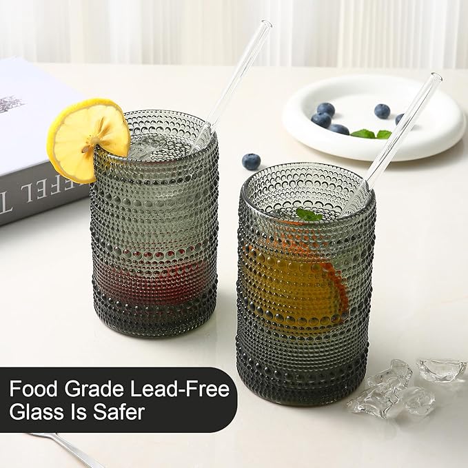 Vintage Glassware Drinking Glasses Set of 6,15 oz Hobnail Glass Cups,Embossed Grey Water Tumbler,for Beer,Cocktail,Whiskey,Juice and Various Mixed Drinks- 1 Cleaning Brush
