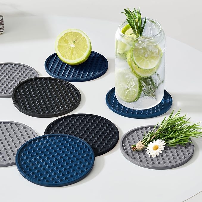 Coasters for Drinks, Silicone Coasters Set of 6 with ABS Holder, Outdoor Coaster for Coffee Table, Non-Slip Rubber Table Cup Mat Desk, Heat Resistant & Scratch-Proof (Black)