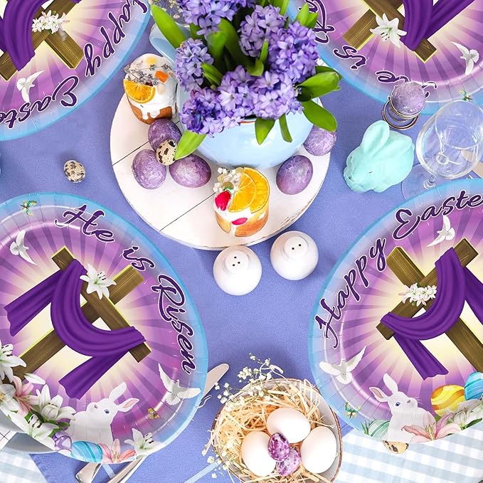 50PCS He is Risen Oval Paper Plates 10" X 12" Disposable Easter Jesus Plates Happy Easter Paper Plates Cross Easter Tableware for Spring Lily Floral Religion Christ Easter Day Party Decorations