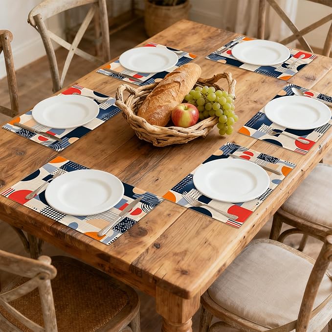 Navy Blue Gray Boho Placemats Set of 6, Linen Washable for Christmas, Thanksgiving, Party, and Daily Dining, Decorative Table Mats for 4-6 Person Table