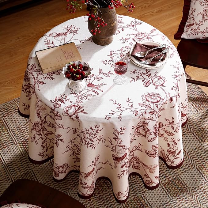 ISAENNE Designer Vintage Linen Round Tablecloth,Red Floral Pattern Linen Stain Resistant Table Cloth,Decor Tablecloths for Dining Thanksgiving Kitchen Christmas,Diameter 67"-Harmony