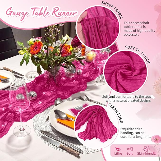 Showgeous 18 Pack Fuschia Cheesecloth Table Runner, 17 x 108 Inches | Boho - Image 3