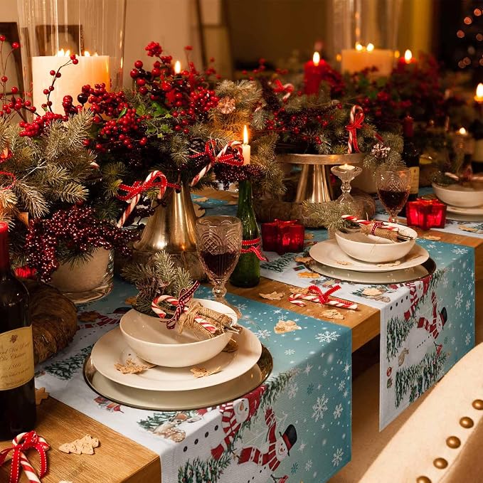 Teal Christmas Snowman Table Runner 48 Inches Long, Xmas Trees Snowflake Table - Image 6