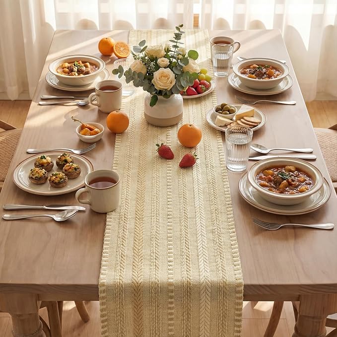 Artoid Mode Burlap Brown Farmhouse Stripe Braided Table Runner 12x72 Inch | - Image 3