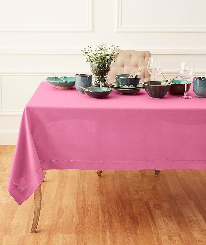 Solino Home Square Linen Tablecloth 52 x 52 Inch - 100% Pure Linen Flamingo Pink Table Throw - Classic Hemstitch, Machine Washable Table Cloth for Valentines, Spring, Easter