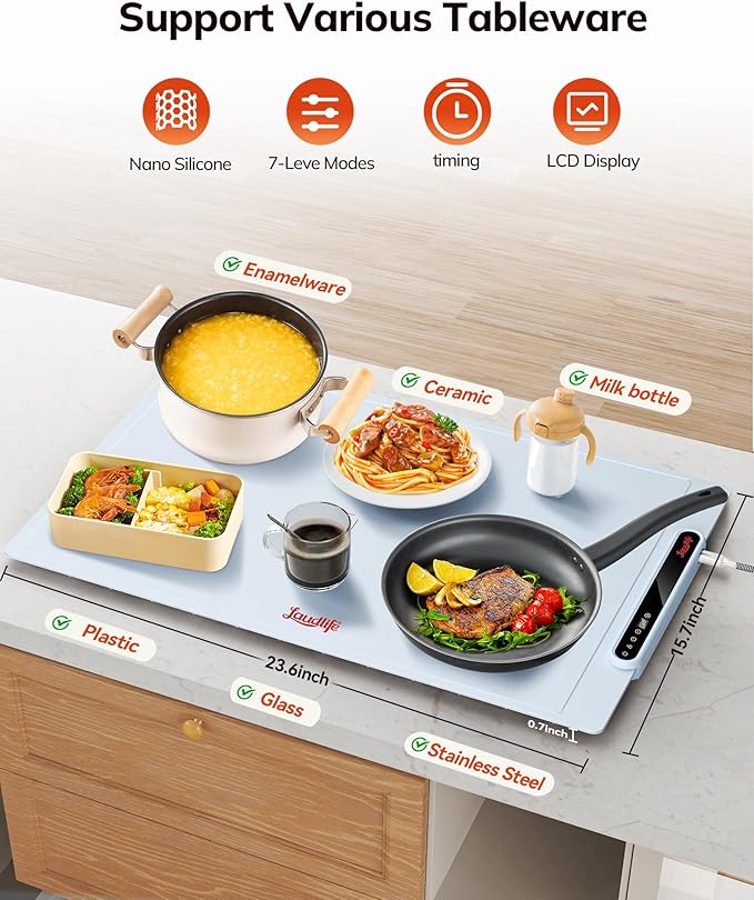 Electric Warming Mat for Food, Roll-Up Silicone Heating Pad with 7 Adjustable Tempmaster Levels, Foldable Warming Tray for Countertop,Buffet Party, Kitchen & Home, Child Lock, Light Blue