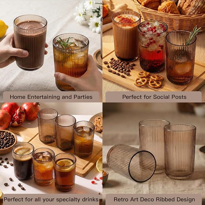 Gray Ribbed Highball Glasses Set of 6, 13.2oz Smokey Gray Colored Glassware - Image 4