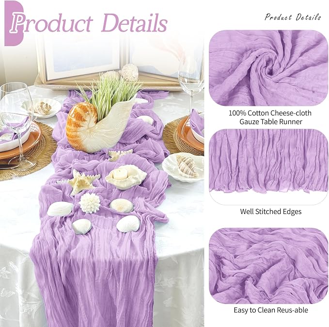 6 Pack Lavender Cheesecloth Table Runner 17x108 Inch Semi Sheer Boho Gauze - Image 5