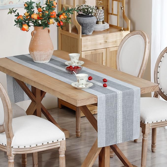 NEWISHER Farmhouse Braided Striped Embroidery Table Runner 72 inches Grey | - Image 2