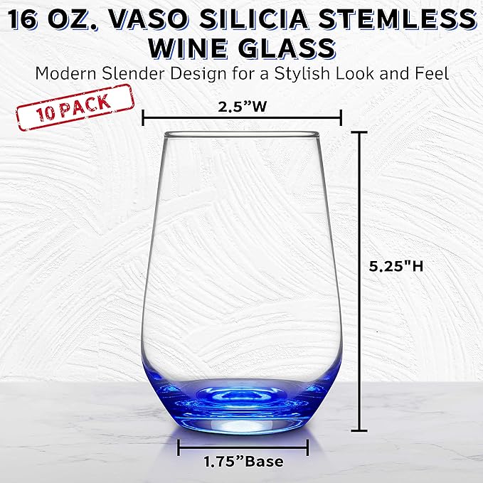 DISCOUNT PROMOS 10 Vaso Silicia Stemless Wine Glasses Set, 16 oz. - Clear, Orb-Like, Thick base - Blue