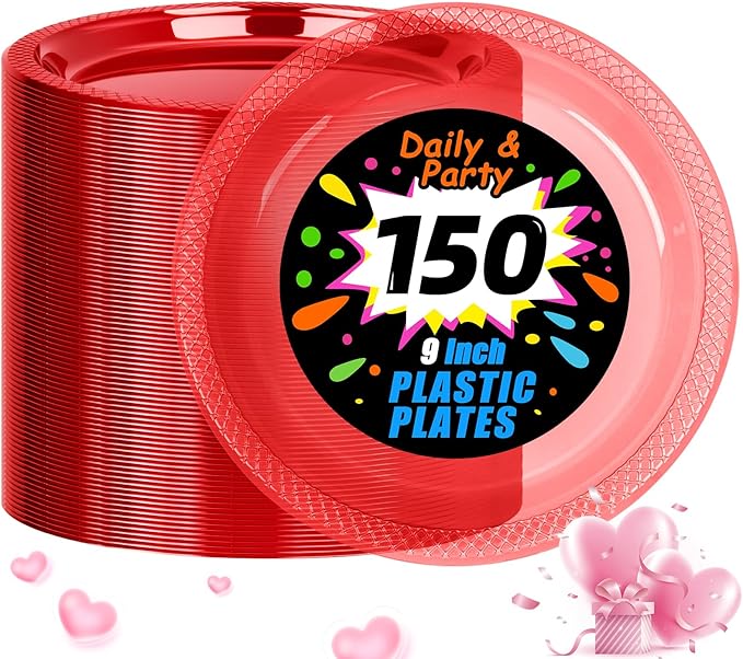 WELLIFE Neon Red Party Plates 9 Inch -150 Count, Translucent Red Plastic Disposable Dinner Plates for Fluorescent Neon Theme Party Dessert Cake Salad Appetizers Valentine's Day Easter Mother's Day