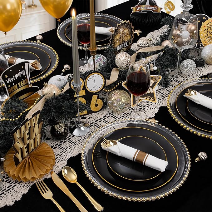 WDF 300PCS Black and Gold Plates - Black Plastic Plates for Party - 50guest Disposable Dinnerware Sets for Party/Wedding/New Year