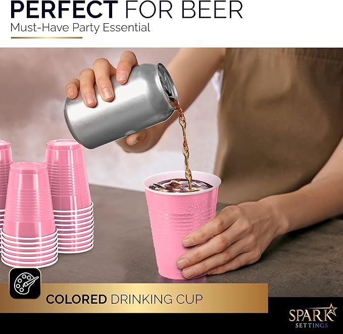 Disposable Cups, Pink 18-Ounce Plastic Party Cups, Strong and Sturdy for Wedding, Christmas, Halloween, 100 Pack