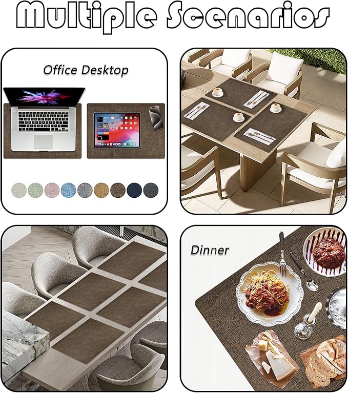 Placemats Set of 6 Faux Leather Heat Resistant Tables Mats Waterproof Oilproof Wipeable Reversible Anti-Slip Place Mats for Kitchen/Dining/Party/Outdoor 11.8" x 16.9", Brown