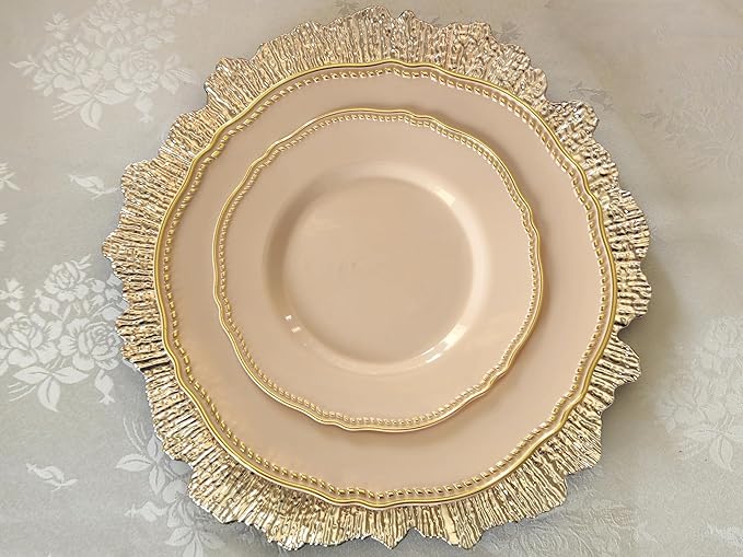 " OCCASIONS " 240 Plates Pack,(120 Guests) Heavyweight Premium Disposable Plastic Plates Set -120 x 10.25'' Dinner + 120 x 7.5'' Salad/Dessert (Rochelle Antique Rose and Gold)