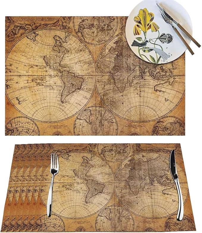 Vintage World Map Placemats Set of 6 Old Paper Retro Style Nostalgic Historical Wipeable Table Mats Reusable Washable PVC Rectangle Place Mats for Kitchen Dining Home Decor 12x18 Inches