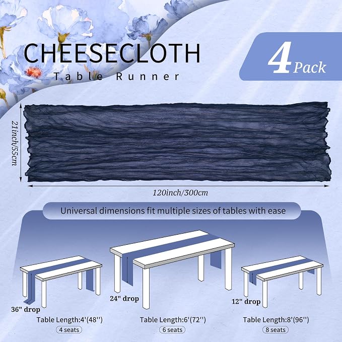 4 Pack Cheesecloth Table Runner 10FT Navy Blue Table Runner Boho Gauze Cheese - Image 2