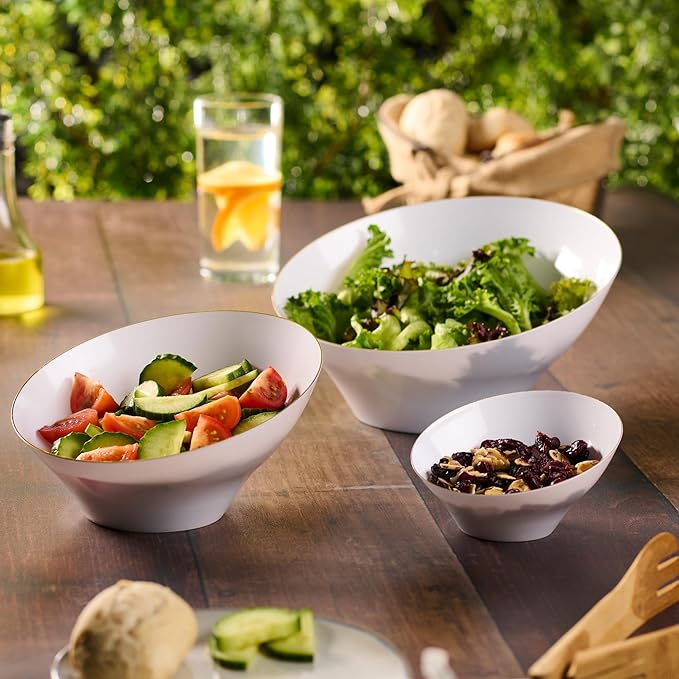 PLASTICPRO Angled Plastic Bowls Disposable Medium Plastic White Serving Bowls with Gold Rim for Party for Appetizer Salads Pack of 4