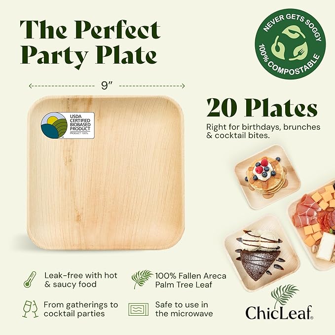Chic Leaf Palm Leaf Disposable Bamboo Plates - Party Plates for Weddings & Event Appetizers, Indoor Events aRomantic Date Night Essentials - Biodegradable & Compostable - Party Supplies (9", 20 Pack)