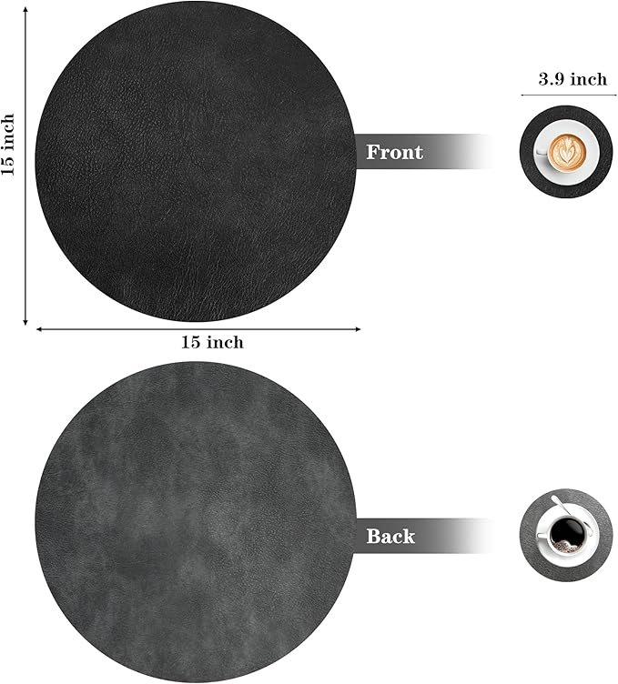 Round Placemats and Coasters Set of 4, Washable Reversible Faux Leather Placemats Cowhide Pattern Place Mats Wipeable Non-Slip 15 inch Round Kitchen Dining Table Mats (Gray Black, 4)