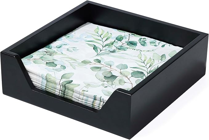 Napkin Holder for Table, 7.36" x 7.36" x 2.16" Wooden Napkin Dispenser with Side Large Opening for Paper Napkins, Modern Style Square Napkin Holder, Home Kitchen Dining Tabletop Decor, Black