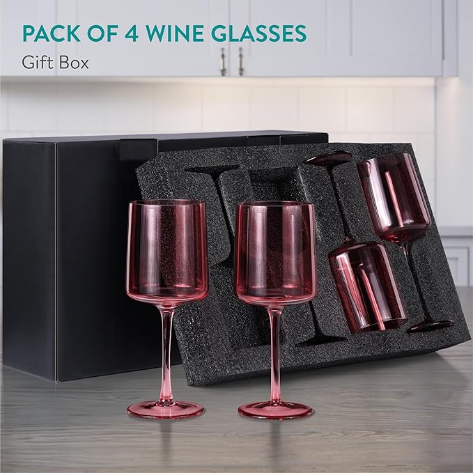 Navaris Pink Stemmed Wine Glasses - Set of 4 - Coloured Wine Glasses with Stems - Stylish Design Glassware for Serving Wine, Cocktails, Dessert