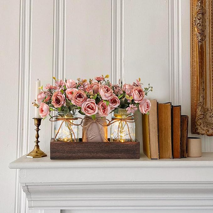 3 Pcs Mason Jar Centerpiece Table Decorations for Dining Table Decor Farmhouse Coffee Table Decor with Wood Tray and Led Light Table Centerpieces for Dining Room Kitchen Living Bathroom,Pink