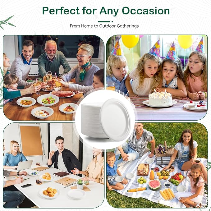10 Inch 128 Pack Compostable Disposable Paper Plates, Large Round Dinner Plates, Heavy Duty Sugarcane Bagasse, Biodegradable Eco-Friendly for Parties & Daily Use, White