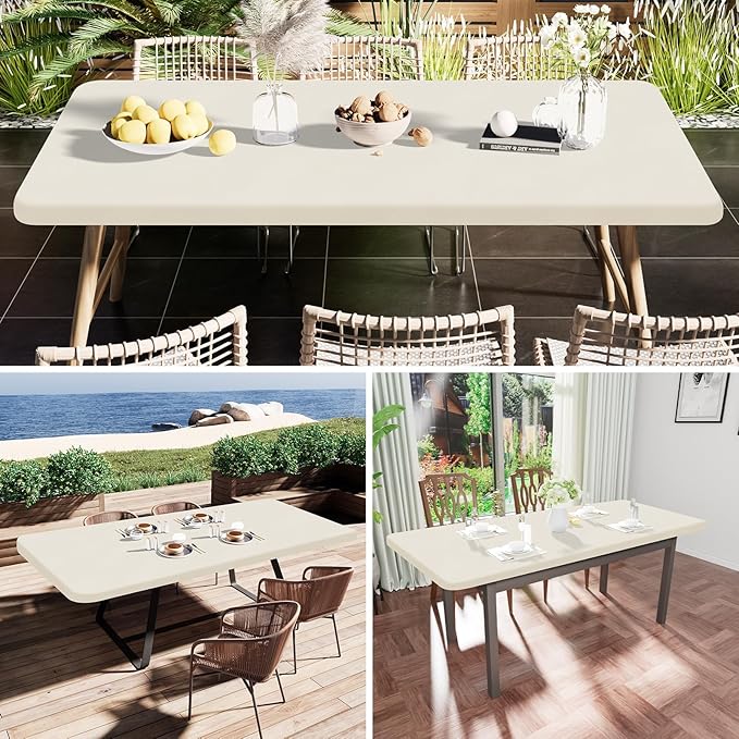 Smiry Rectangle Tablecloth, Elastic Fitted Flannel Backed Vinyl Tablecloths for 4ft Folding Tables, Waterproof Wipeable Table Covers for Indoor, Outdoor, Picnic and Camping (Beige, 24"x48")
