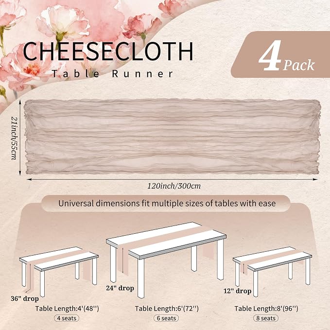 4 Pack Cheesecloth Table Runner 10FT Rosy Brown Table Runner Boho Gauze Cheese - Image 2