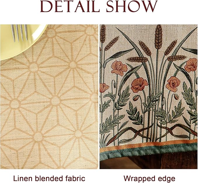 patdrea Designer Linen Vintage Long Table Cloth for Rectangle Table,Light Brown Durable French Floral Tablecloth,Decor Cover for Kitchen Dining,Christmas,Thanksgiving,Party,63"x94"-Cudillero