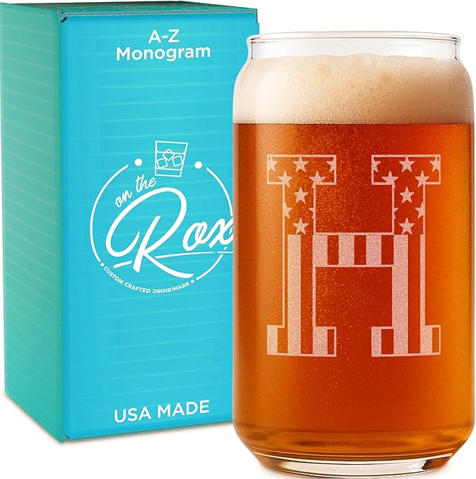 Monogram Beer Glasses for Men (A-Z) 16 oz - Beer Gifts for Men Brother Son Dad Neighbor - Unique Gifts for Him - Personalized Drinking Gift Beer Glass Mugs - Engraved Beer Can Glass (H)