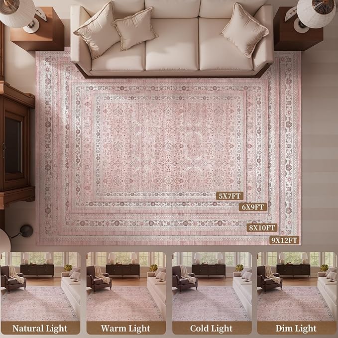 MontVoo-Vintage Area Rug 9X12 Pink Rugs for Living Room-Soft Distressed Printed Rugs for Bedroom-Non Slip Carpet-Machine Washable Rug for Dining Room Living Room Bedside Office