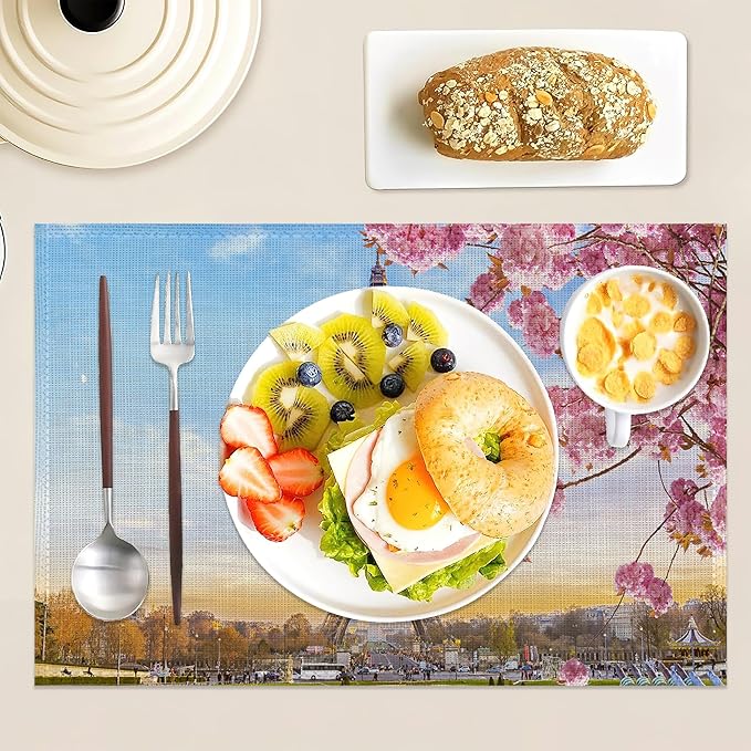 Eiffel Tower Placemats Set of 6 Linen Washable, Heat-Resistant 12x18 Inch Cherry Blossoms Table Place Mats for Kitchen Dining for Home Party Holidays